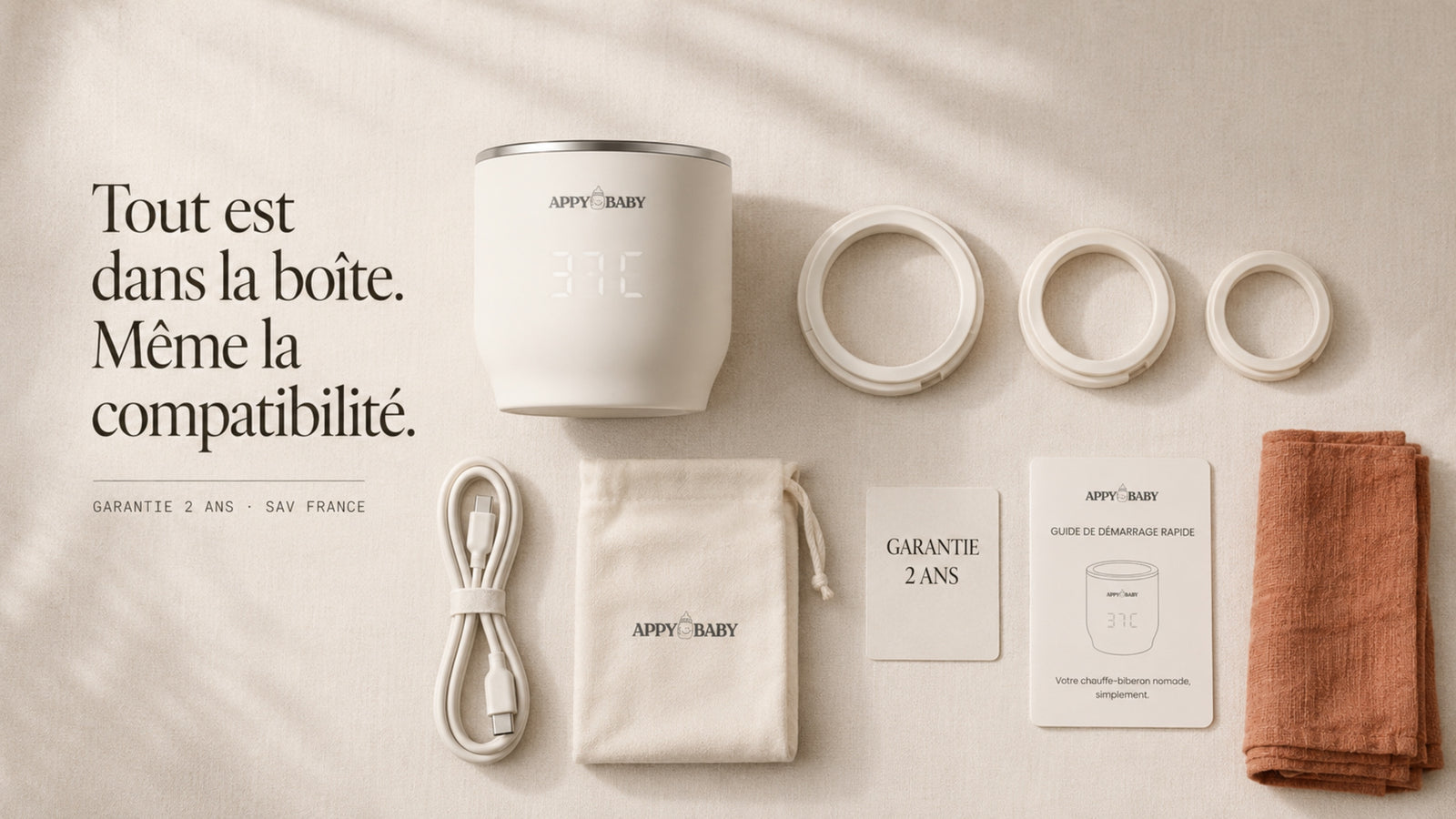 Tout est dans la boîte : warmer, 3 bagues, pochette, câble USB, garantie 2 ans.